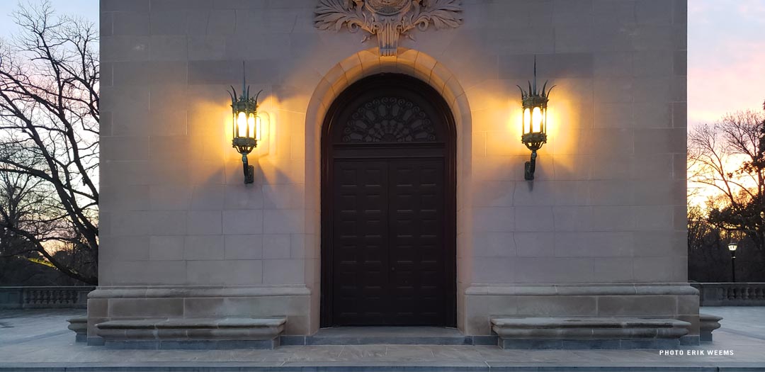 Sunset on the doors at the base of the Carillon at Byrd Park