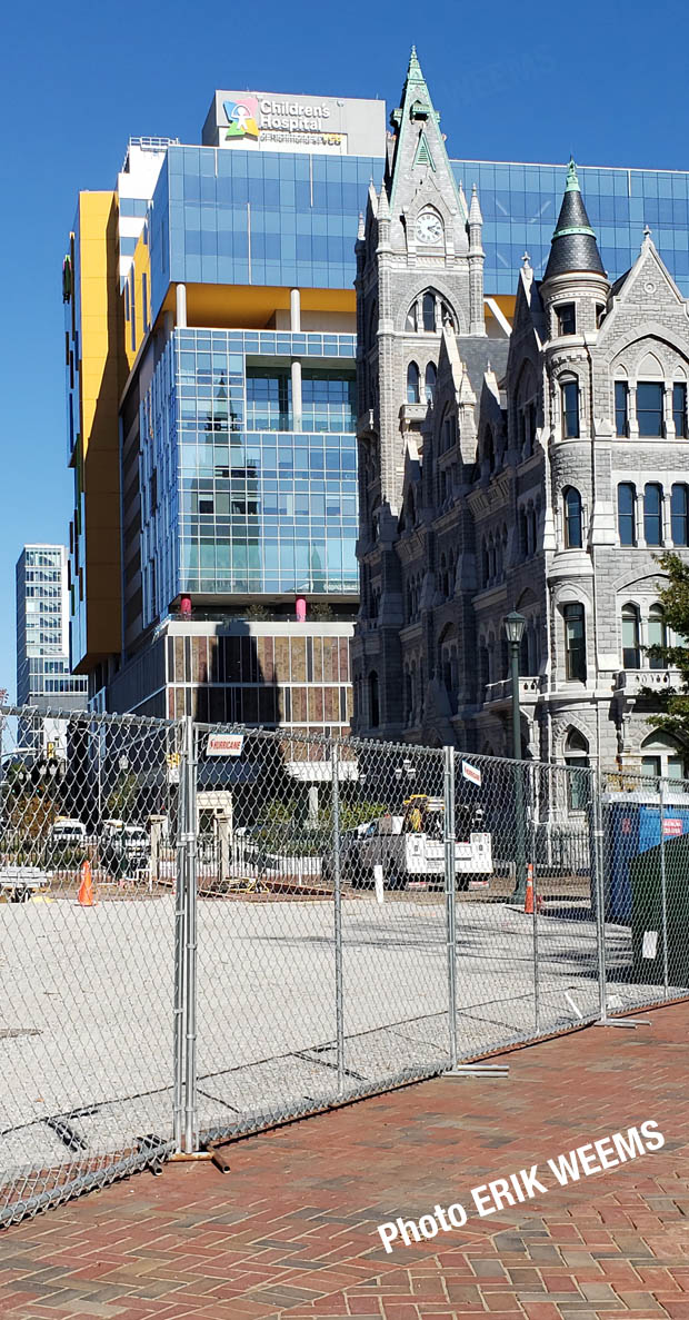 The construction going on around the Old City Hall in Historic Richmond Capitol Park