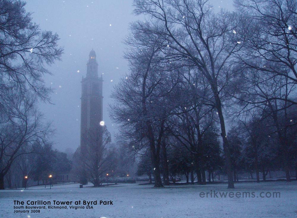 The Carillon Tower in the snow at Byrd Park in January 2008. Carillon Tower Byrd Park
